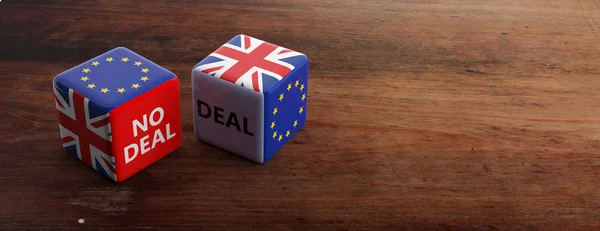 Brexit, deal or no deal concept. United Kingdom and European Union flags on dice, banner. 3d illustration