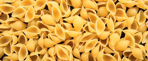 Maccheroni crudi guscio forma pasta texture sfondo, banner — Foto Stock