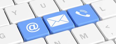 Bize ulaşın. Anahtar taşı düğme mail ile mavi ve telefon bir bilgisayar klavye, imzalar banner. 3D çizim