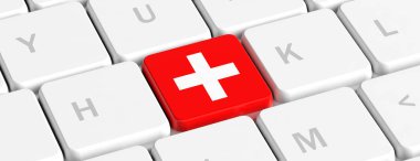 İlk yardım. Kırmızı anahtar düğme, bilgisayar klavyesindeki beyaz haç işareti ile banner. 3D çizim