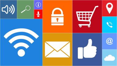 Wifi, alışveriş sepeti, başparmak, e-posta, arama, kilit, konum işaretçisi 