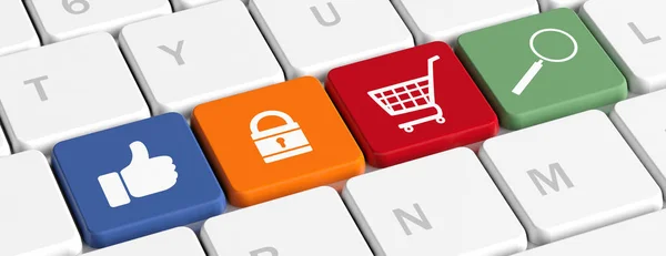 Key buttons with a shopping cart, thumb up, magnifier and lock on a computer keyboard, banner. 3d illustration