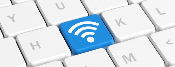 Wi-Fi concept. Blauwe knop met sleutel met wifi teken op het computertoetsenbord van een, banner. 3D illustratie — Stockfoto