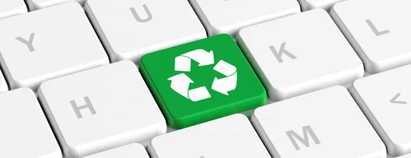 Recycling. Green key button with recycle sign on a computer keyboard, banner. 3d illustration