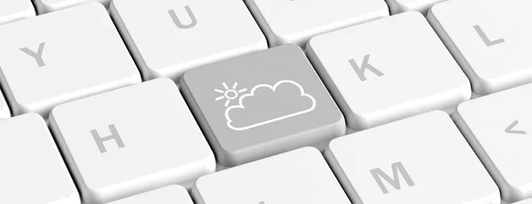 Pronóstico del tiempo, día nublado. Botón de tecla gris con icono de nube y sol en un teclado de computadora, banner. ilustración 3d —  Fotos de Stock