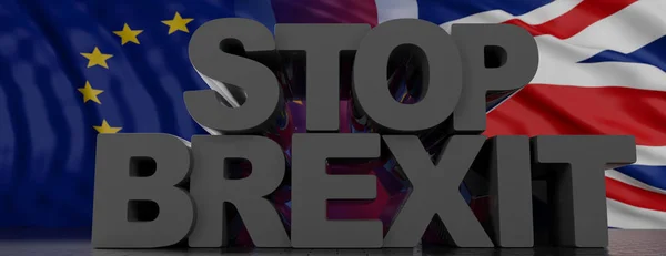 Texte STOP BREXIT en grosses lettres gris foncé sur fond de drapeaux britanniques et européens. Illustration 3d — Photo