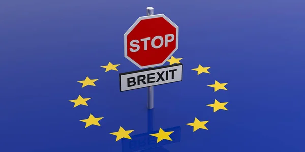 Panneau rouge avec texte STOP BREXIT sur fond de drapeau de l'UE. Illustration 3d — Photo