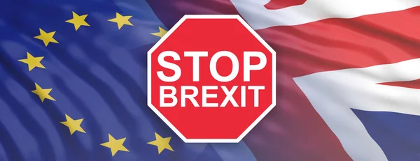 Panneau rouge avec texte STOP BREXIT sur fond de drapeaux britanniques et européens — Photo
