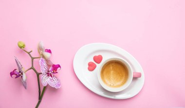 Orkide çiçekler mor beyaz renk ve pembe bir fincan kahve, kopya alanı