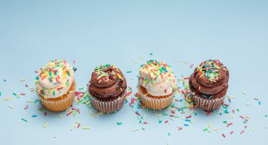 Kopya alanı mavi pastel arka plan üzerinde renkli sprinkles ile cupcakes.
