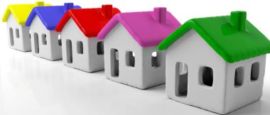 Bir satır yukarı beyaz arka plan, renkli çatılar ev modelleri. 3D çizim