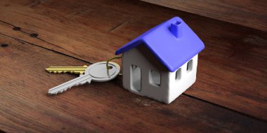 Mavi çatı ve ahşap Ofis Masası tuşlar ile ev modeli. 3D çizim