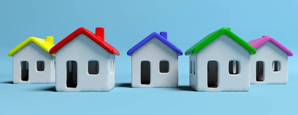 Modelos de casa em uma fileira isolada contra fundo azul, telhados coloridos. ilustração 3d — Fotografia de Stock