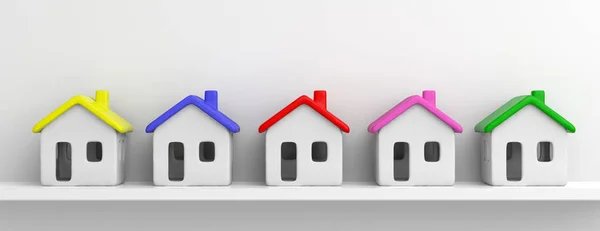 Modelos de casa em uma fileira isolada contra fundo branco, telhados coloridos. ilustração 3d — Fotografia de Stock