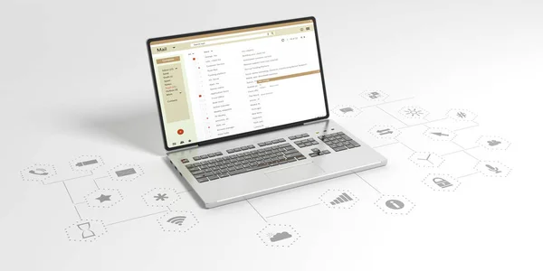 Lista de correo electrónico en la pantalla de un ordenador portátil, fondo blanco con iconos de aplicaciones. ilustración 3d — Foto de Stock