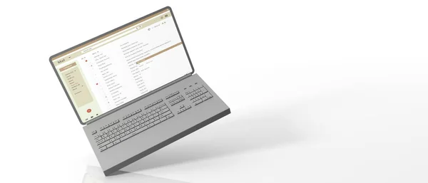 电子邮件列表上的电脑笔记本电脑屏幕上飞行的白色背景, 横幅。3d 插图 — 图库照片