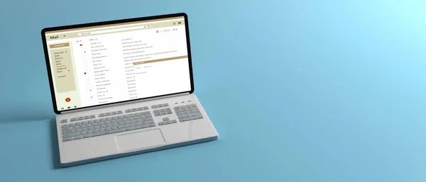 E-maillijst op een computerscherm laptop geïsoleerd op blauwe pastel achtergrond, banner. 3D illustratie — Stockfoto