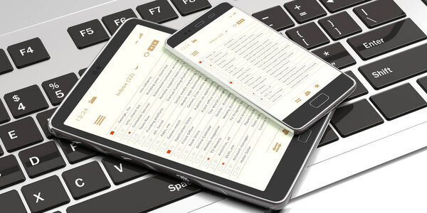 Email lists on smartphone and tablet screens, computer keyboard background, banner. 3d illustration