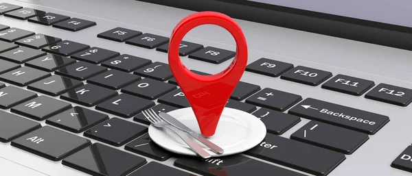 Map pointer location and place setting on laptop. 3d illustration — Stock Photo, Image