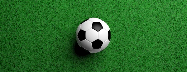Fútbol, pelota de fútbol, color blanco y negro en el césped verde, ilustración 3d — Foto de Stock