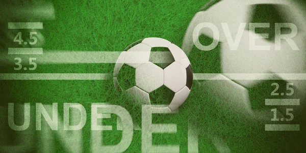 Zakłady piłkarskie. Rozmycie piłki nożnej, nad i pod tekstem na zielonej trawie, ilustracja 3D — Zdjęcie stockowe