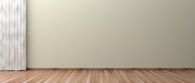 Boş oda, ahşap zemin, bej renkli boyalı duvar ve perde. 3D çizim