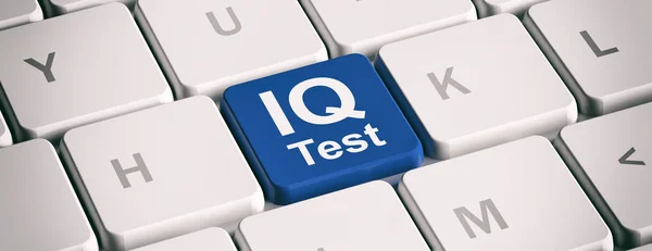 Iq 테스트 온라인, 흰색 컴퓨터 키보드, 배너에 파란색 키. 3d 일러스트레이션 — 스톡 사진