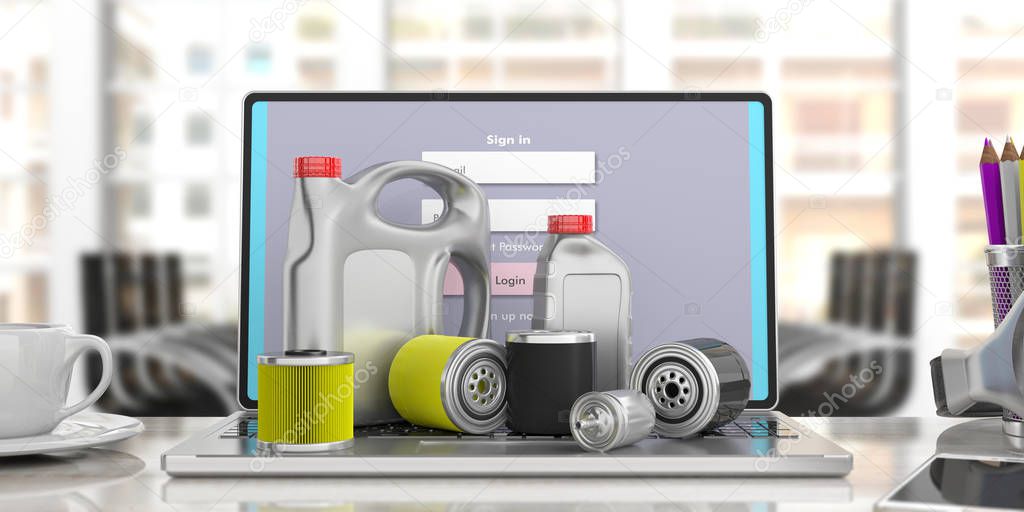 Motor fuel and oil filters and engine oil canisters on a laptop, blur business background. 3d illustration