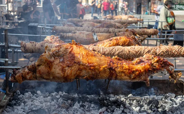 希腊复活节习俗。科科雷西，科科雷奇和羊肉，绵羊，孩子烤在木炭火的吐口水. — 图库照片