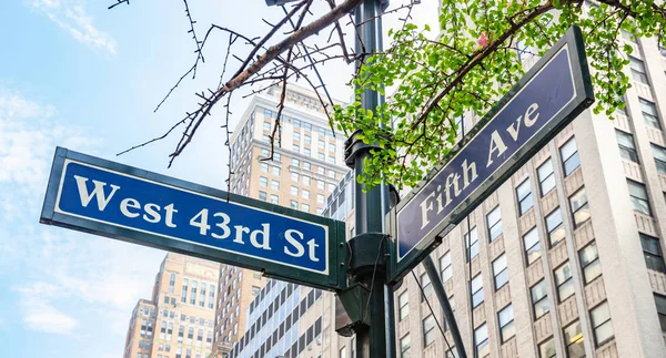 5e Ave en W43 hoek. Blauwe kleur straatnaamborden, Manhattan New York Downtown — Stockfoto