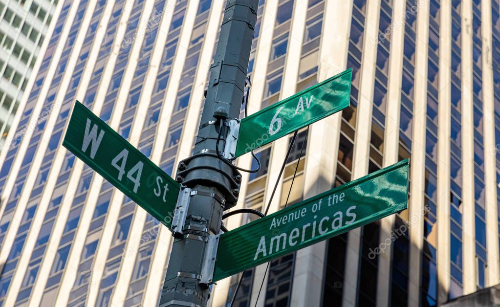 6th ave and W44, Manhattan New York downtown. Green color street signs