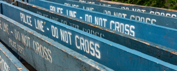 Police line do not cross background, NYPD. Manhattan, New York