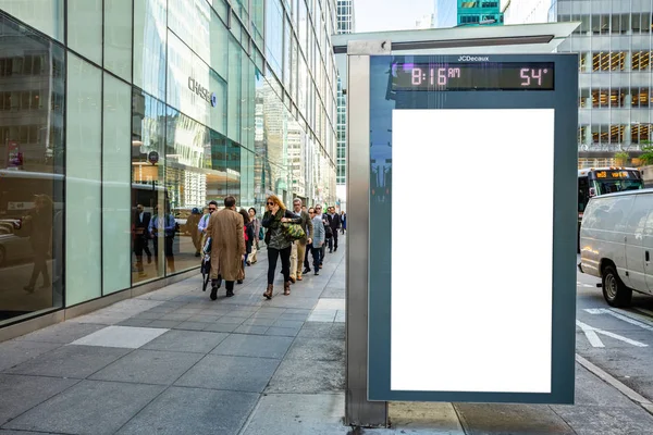 Blank billboard at bus stop for advertising, New York city buildings and street background — Stock Photo, Image