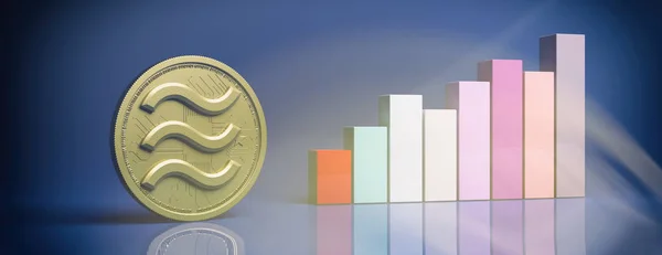 La crescita della Bilancia. Moneta d'oro e grafico a barre contro sfondo di colore blu. Illustrazione 3d — Foto Stock