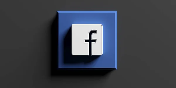Logo de Facebook, color blanco y azul sobre fondo gris oscuro. ilustración 3d —  Fotos de Stock