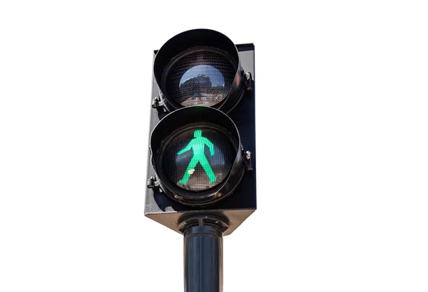 Beyaz arka planda izole yaya yeşil trafik ışığı — Stok fotoğraf