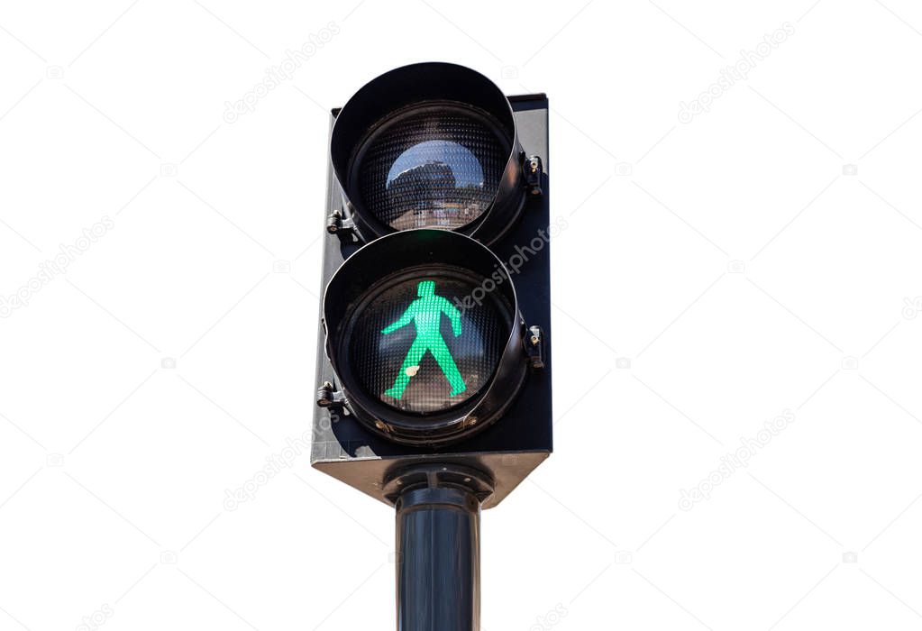 Pedestrian green traffic light isolated on white background