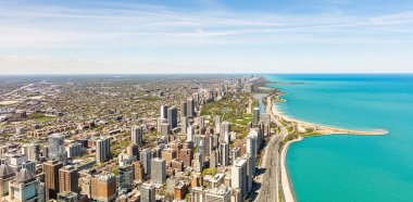 Chicago şehir gökdelenler panorama, mavi gökyüzü arka plan. Skydeck gözlem