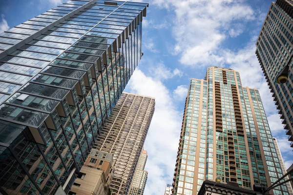 Chicago Illinois city skyscrapers, blue sky background