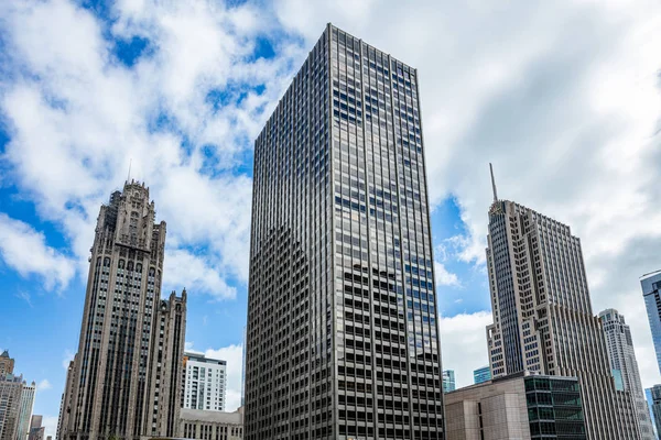 Chicago Illinois city skyscrapers, blue sky background