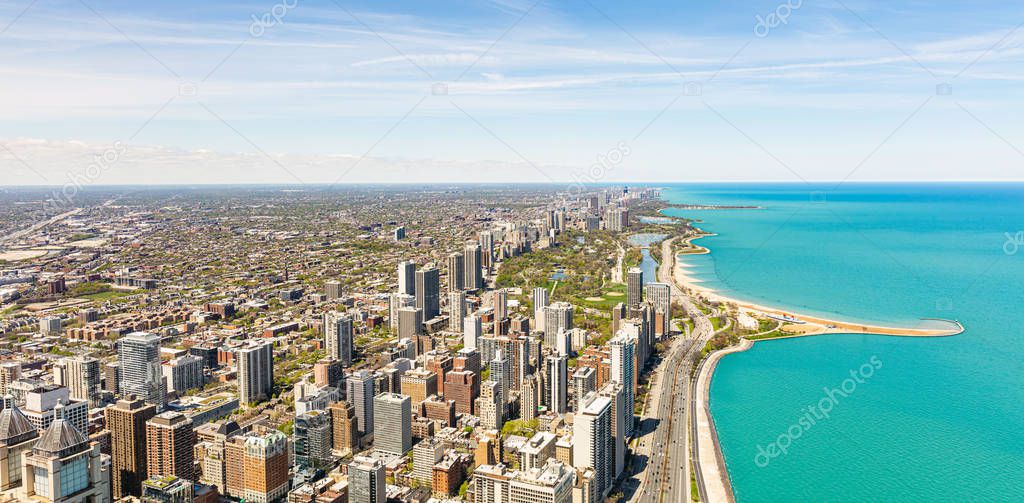 Chicago city skyscrapers panorama, blue sky background. Skydeck observation