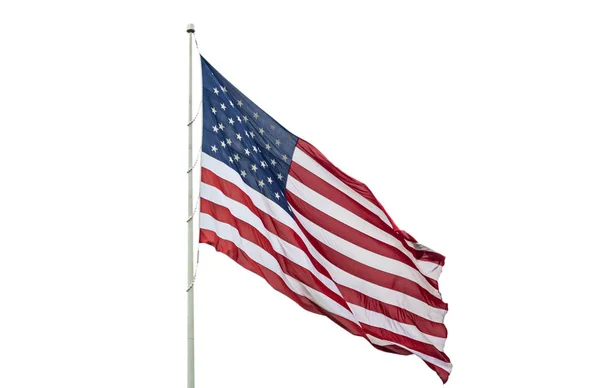 United States flag on a pole waving isolated on white background. — Stock Photo, Image