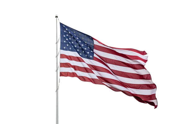 Bandera de Estados Unidos en un poste ondeando aislado sobre fondo blanco. —  Fotos de Stock