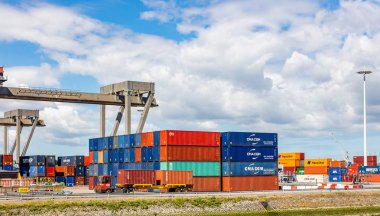 Rotterdam limanında vinçler, Hollanda. Lojistik iş, kargo yükleme boşaltma