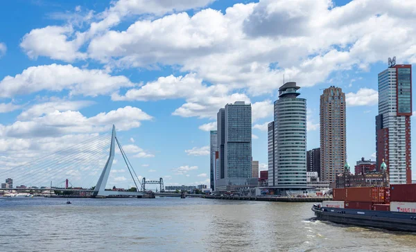 Nave container e logistica contro il paesaggio urbano di Rotterdam — Foto Stock