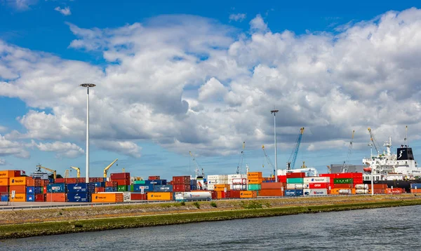 Kranar i hamnen i Rotterdam, Nederländerna. Logistikverksamhet, Last avlastning — Stockfoto