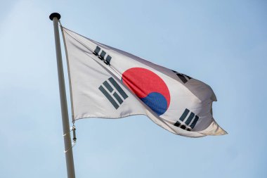 Açık mavi gökyüzüne karşı el sallayan Güney Kore bayrağı