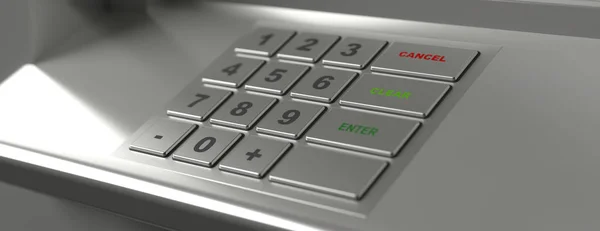 ATM machine keypad, banner, closeup view. 3d illustration — Stock Photo, Image