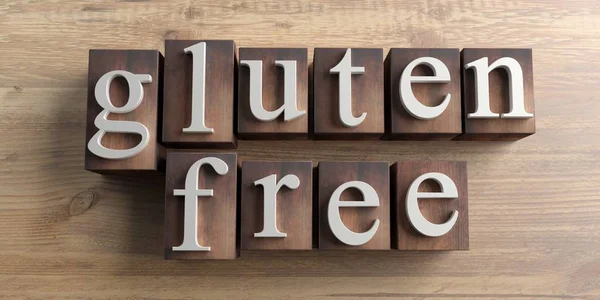 Gluten free text. White letters on rustic wooden cubes, wood board background. 3d illustration