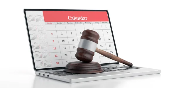 Juez mazo en el ordenador, Calendario en la pantalla del ordenador portátil, 3d ilustración — Foto de Stock